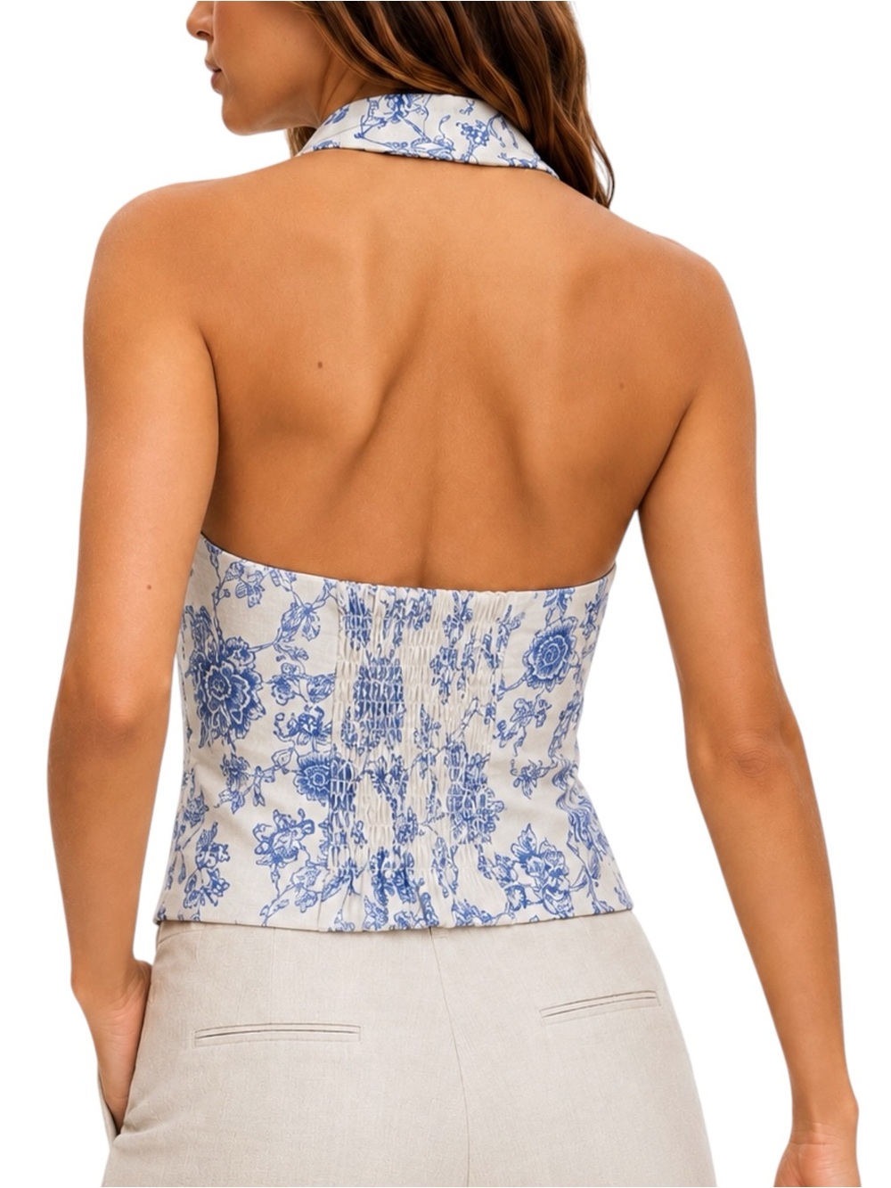 MANGO Floral Toile de Jouy Blue & Ivory Halter Tailored Waistcoat Vest XS - Picture 2 of 12